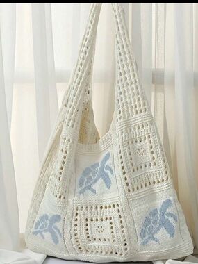 NEW crochet tote bag with turtle pattern light blue